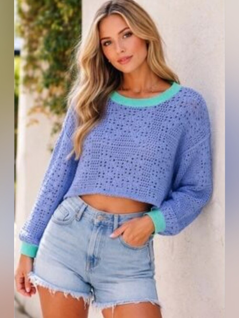 Free People Home Run Cropped Sweater in Dusty Periwinkle - Crochet - Size M